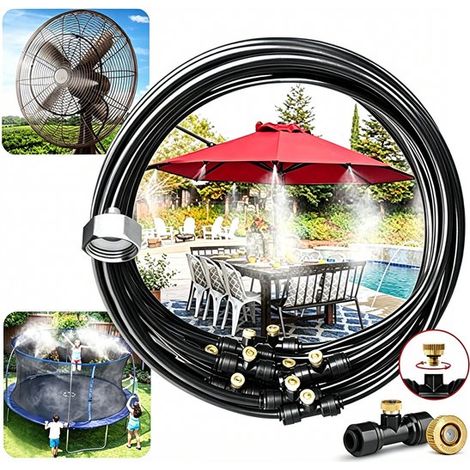 Kit de brumisation pour terrasse 18 m avec 18 buses en laiton, adaptateur métallique 3/4", résistant aux UV et anti-fuite, installation DIY, noir (1/5)