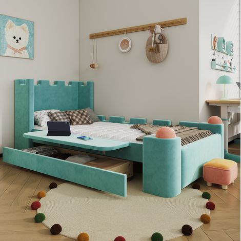 Kinderbett 90x200 cm im Schloss-Design, mit klappbarer Ablage und Schublade, blaugrün OKMYHOME (1/5)