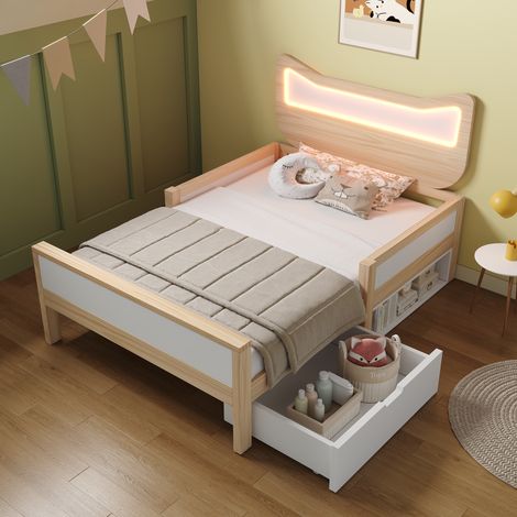 Lit adulte rangement 90x190 bois blanc chat LED massif HAVRYA (1/5)