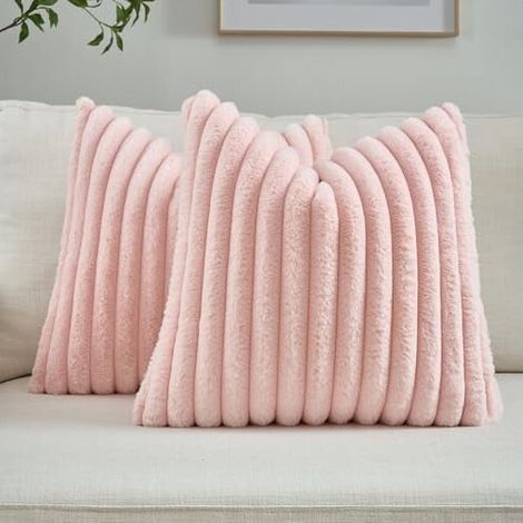 Juego de dos fundas de almohada rosas de 66 x 66 cm, funda de almohada a rayas de estilo europeo, parte delantera de piel sintética de conejo, parte trasera de terciopelo, cojín decorativo moderno par