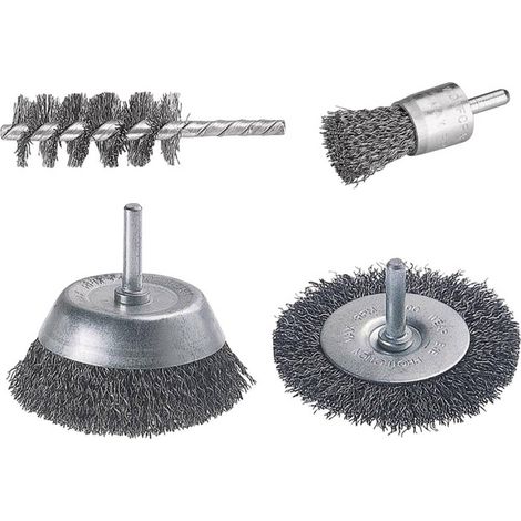 Wolfcraft – Lot de 4 brosses pour perceuse – Fil d'acier pour décapage métal, bois et pierre – Diamètre 25 et 75 mm – Installation facile