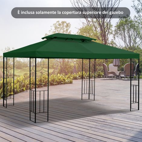 Bâche de gazebo 4 x 3 m à 2 niveaux en polyester avec sangles et 10 trous de drainage, verte