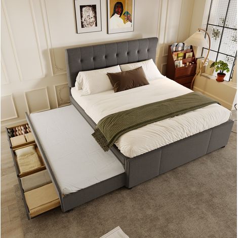 Lit avec tiroirs 140x200 extensible lin gris HAVRYA (1/5)