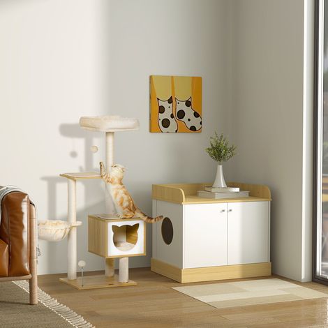 Coffre à griffer pour chat en bois, moquette et sisal : 2 poteaux, cabane, hamac, couchette, 2 balles, 48x40x126 cm