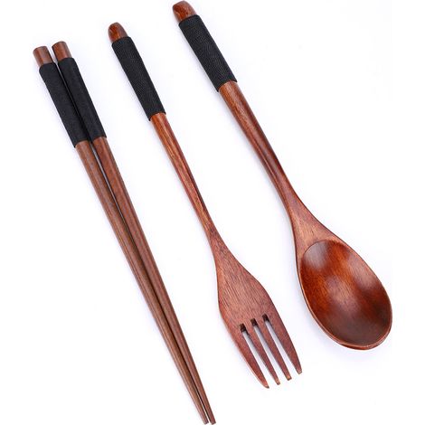 Ensemble de 3 pièces de vaisselle en bois (baguettes, cuillère et fourchette) avec fil noir (1/5)