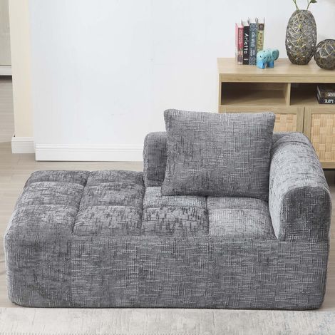 Méridienne 1 place en chenille grise, assise moelleuse, coussin et poches latérales, sans montage, 158 x 90 x 60 cm (1/5)