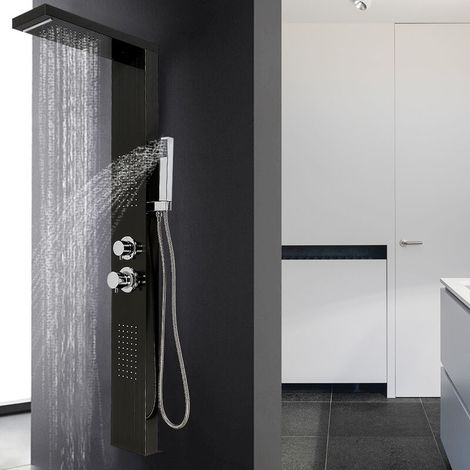 – Système de panneau de douche noir 154x47x130cm – Aluminium durable – Pommeau 23x14cm – 4 fonctions : pluie, cascade, jets de massage, douche à main (1/5)