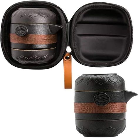 Set da tè e tazza in ceramica nera – 1 teiera + 2 tazze con motivo a loto, con sacchetto in tessuto e canovaccio inclusi. (1/4)