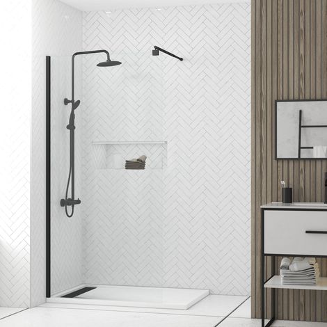 paroi de douche 100x200cm verre transparent - barre de fixation extensible et profil noir (1/5)