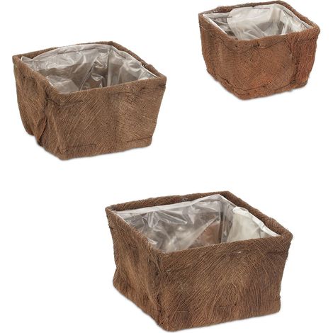 Set di 3 portapiante quadrati decorativi 15 x 15 x 15 cm uso interno esterno in fibra di cocco marrone 130012566