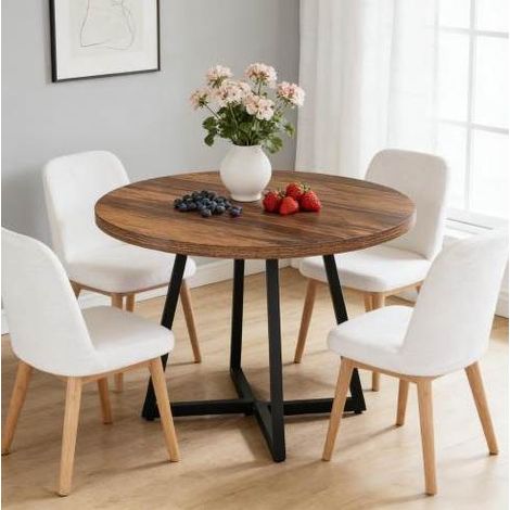 Mesa de comedor redonda, para 2 a 4 personas, diseño industrial, MDF y metal, negro y marrón rústico (1/5)