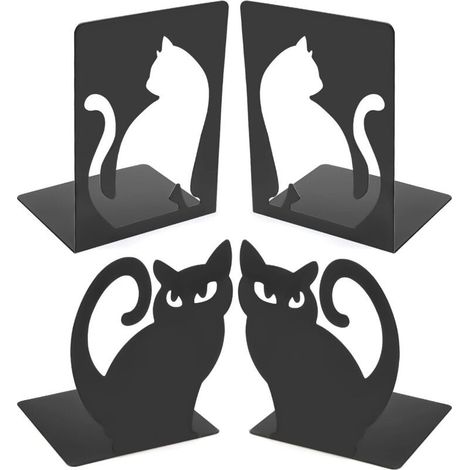 Serre-livres chat, serre-livres en métal, 2 paires, cales antidérapantes pour étagères, bureaux, bibliothèques, maison et école (120 x 105 x 160 mm, noir) (1/4)