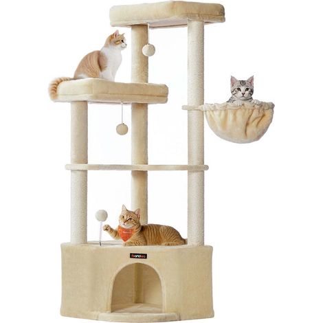 Tiragraffi 485 x 485 x 1407 cm Torre gioco per gatti con grotta per gatti grandi piattaforme palline di peluche amaca beige 120008012