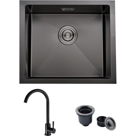 Évier Cuisine 1 Bac 50x45cm, Evier Camping avec Robinet, Noir (1/5)