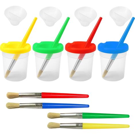 JSSEVN - Paint Cups with Lids, 4 Colours Spill-Proof Paint Cups with 4 Assorted Brushes, Leak-Proof Paint Pots (Multicoloured) (1/5)