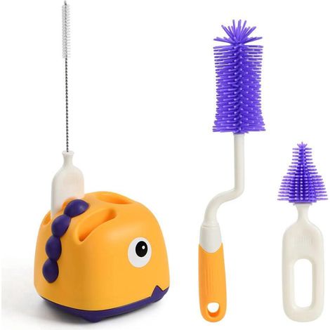 Kit Brosse Bébé 4-en-1, Brosse de Nettoyage Silicone pour Biberons, Brosse à Biberon Jaune avec Support de Rangement, Accessoire Hygiène pour Bébé, Lot de 4 Pièces (1/5)