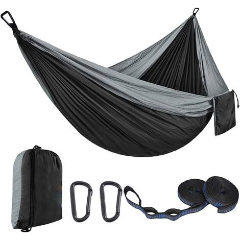 Hamaca de exterior de 300 x 200 cm para 2 personas, de viaje, de seda de paracaídas de 300 kg, ideal para acampar, con 2 correas de nailon y 2 hebillas de acero resistentes, ideal para senderismo (gri (1/4)