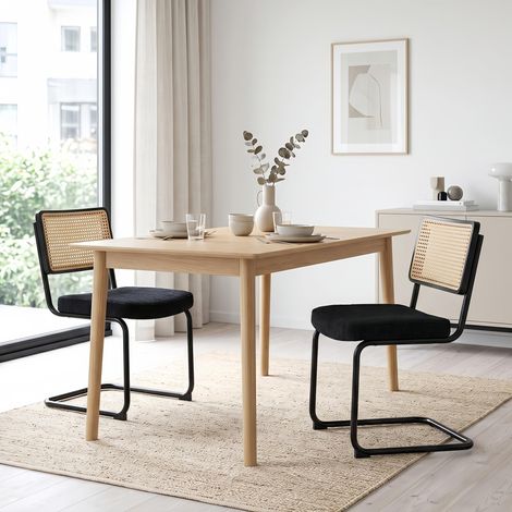 Lot de 2 Chaise dossier rotin Design Mid-Century, Tissu Chenille Ivoire et Dossier Cannage - Assise Rembourré, Pieds Métal - Noir (1/5)