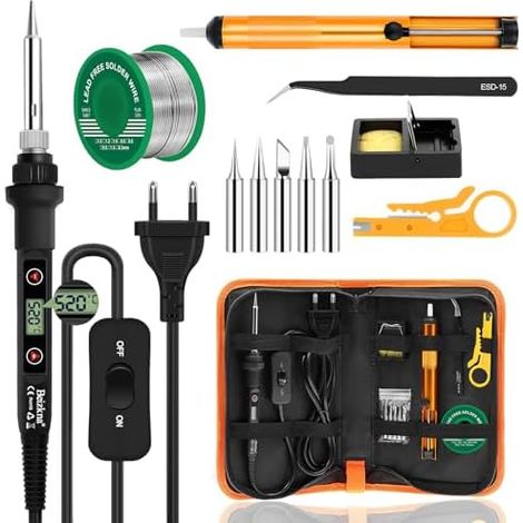 Kit di saldatura da 80W, temperatura regolabile 180-520°C, elettronica di precisione, con interruttore on/off, 5 punte per saldatura, pompa dissaldante, filo di stagno, stazione di saldatura, pinzette (1/5)