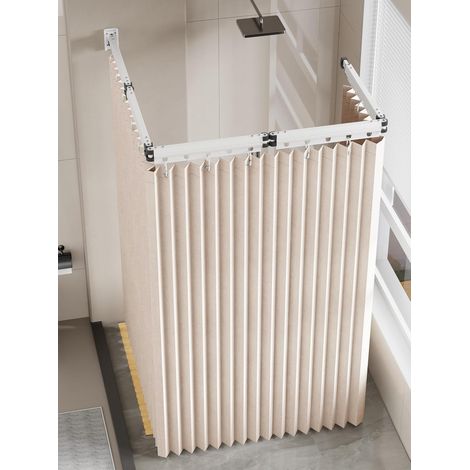 Tringle Rideau Douche Sans Perçage, Pliable 2m, avec Rideau de Douche 1,8×2m, Tringle à 5 Plis et Barre Télescopique 25,5 cm, pour Salle de Bain, Vestiaires, Camping-cars (Blanc) (1/5)