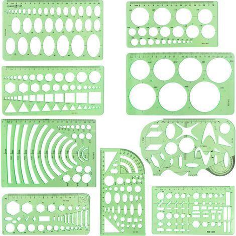 9 Pochoirs de dessin, règles géométriques de mesure en plastique pour ingénierie, architecture, études et conception (1/5)