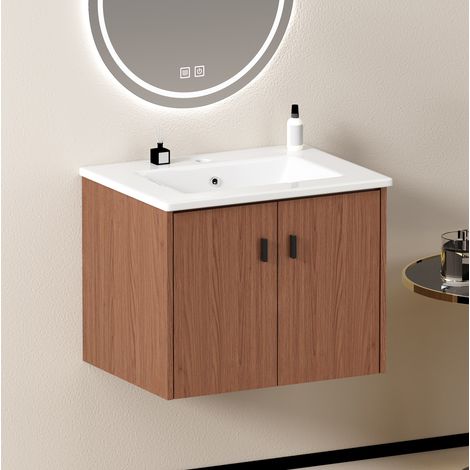 Mobile bagno 60 cm con 2 ante soft close e vano portaoggetti, MDF e ceramica, rosso marrone (1/5)