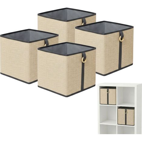 Relaxdays Set 4 cestas almacenaje, bambú y tela, para baño/estantería con asa, 30×30×30 cm, natural/negro