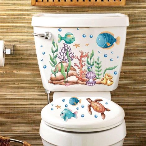 3P Autocollants pour Abattant de WC Motif Monde sous-Marin Étanche Décoratif Autocollant Mural pour Couvercle de Toilette Salle de Bain Amovible Stickers Décoration (1/5)