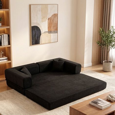 Canapé-lit convertible avec oreiller cylindrique, matelas pliant en velours côtelé avec structure fixe, canapé de sol pour salon, chambre ou studio, noir (1/5)
