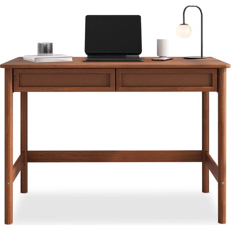 Idimex – Bureau droit en pin massif châtaignier – 2 tiroirs design en rotin tressé – Dimensions 76 x 110 x 54 cm (H x L x P) (1/4)