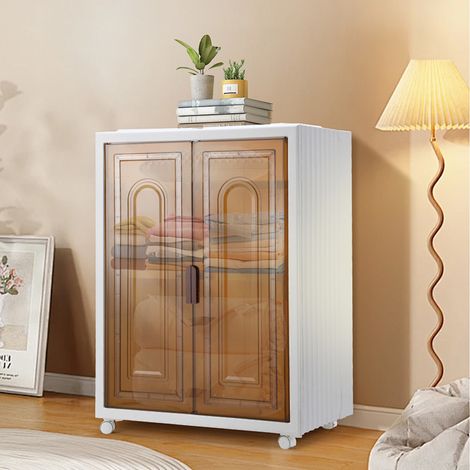 Jiubiaz Mueble de almacenaje plegable de plástico, 3 compartimentos con puertas y ruedas, marrón y blanco (1/5)
