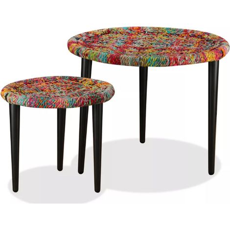 Table basse ronde tissu chindi et métal noir Missa - Lot de 2 (1/5)