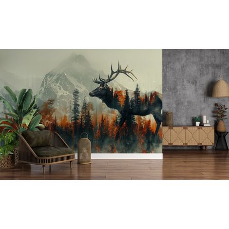 Papier peint animaux - cerf majestueux devant la montagne - 150 x 250 cm (1/2)