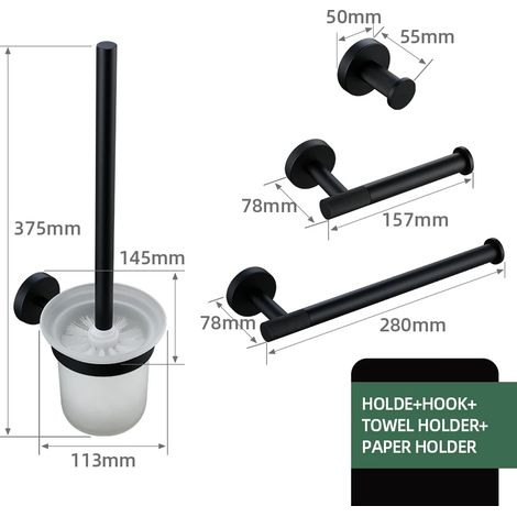 (Ensemble de toilette) Accessoires de salle de bain noirs en laiton moleté : porte-papier toilette, porte-serviettes, étagère, porte-serviettes simple, crochet pour brosse de toilette (1/5)