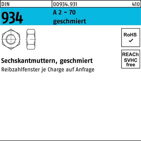 Sechskantmutter DIN 934 M 10A 2 -70 geschmiert 250 Stück (1/2)