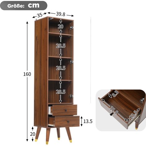 Meuble haut moderne avec porte en verre, armoire vitrine à étagères réglables et 2 tiroirs, meuble de rangement pour salon, salle de bain et bureau, finition effet noyer (1/5)