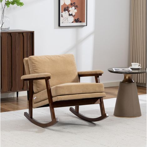Poltrona a dondolo in velluto con cuscino lombare, struttura in legno marrone chiaro DESVIAE (1/5)