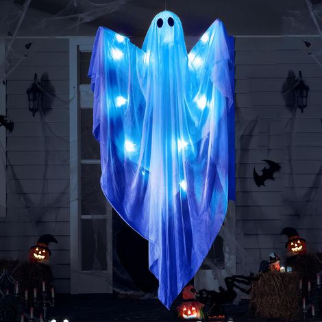 Hängender Halloween-Geist mit gruseliger blauer LED-Beleuchtung, 119 cm, weiß – für Halloween – Hängende Dekoration für Terrasse oder Balkon (1/5)