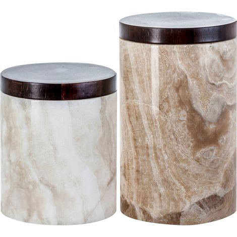 Lot de 2 boîtes cylindriques Daily en Onix marron/blanc - Onix marbré marron clair (1/2)