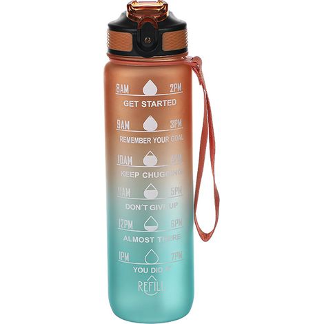 Bouteille d'eau avec paille et marqueur de temps, portable et réutilisable (1000 ml, dégradé orange bleu) (1/2)