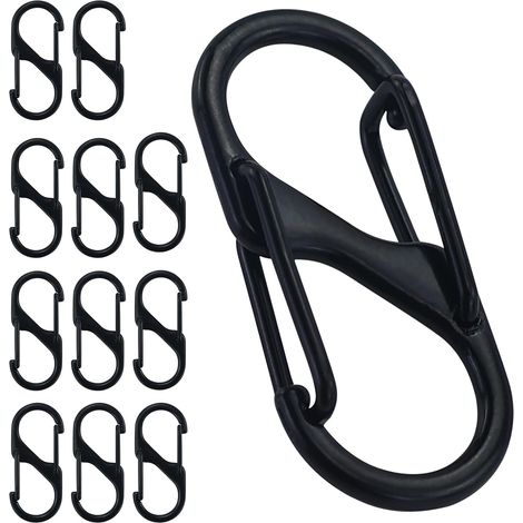 Confezione da 12 mini moschettoni doppi in metallo, 30 mm, piccoli, per uso esterno, campeggio, casa, escursionismo, neri