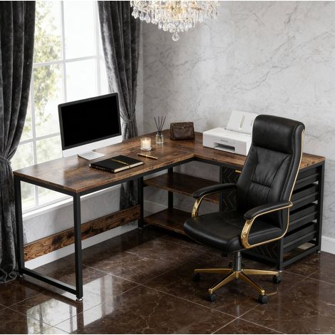 Reversibler L-förmiger Eckschreibtisch mit 4 Schubladen und Regalen, 150 x 110 x 75 cm (1/5)