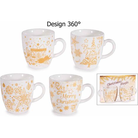 Tazzine da caffè natalizie in porcellana con decori dorati e scritte in confezione regalo da due, set da 8 pezzi, Tazzina: Ø 5,5 x 6 H