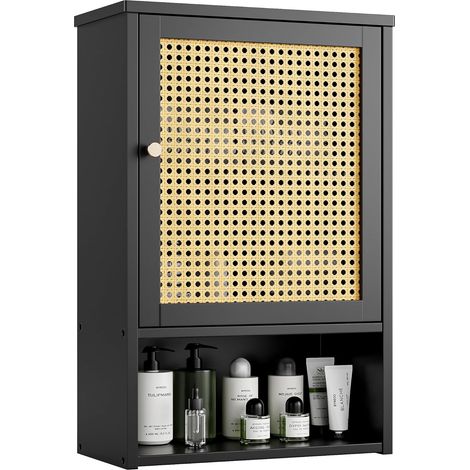 Armoire Murale de Salle de Bain en Bambou avec Portes en rotin et étagère réglable, Armoire à Pharmacie économiseur d'espace pour Linge, Cuisine, Salon (Noir) (1/5)