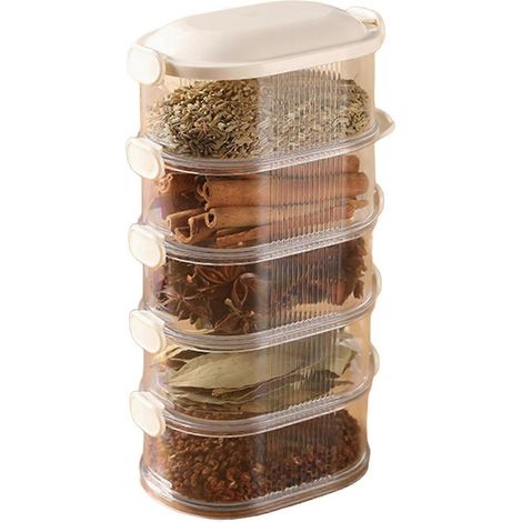 Organisateur d'épices à 5 niveaux, boîte de rangement hermétique empilable avec compartiments séparés, compatible avec les épices, les herbes et les condiments de cuisine. (1/5)