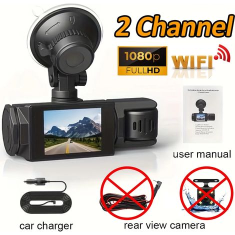 (Carte SD 32 Go, 2 canaux) Caméra embarquée pour voiture, compatible Wi-Fi, vision nocturne HD 1080p. (1/5)