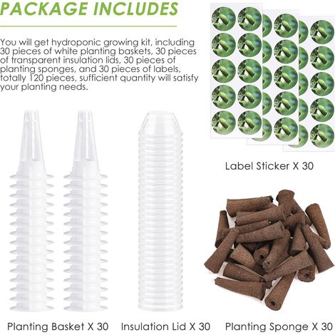 Kit de cultivo hidropónico, 30 macetas, 30 tapas transparentes, 30 esponjas de cultivo, 30 etiquetas, blanco, plástico, 4,5 × 2,2 cm (1/5)