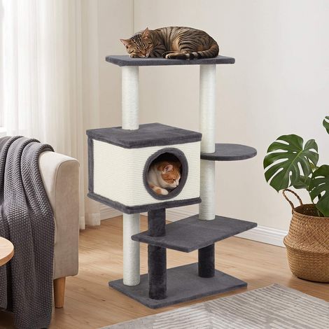 Cat Tree with Sisal Posts & Plush House, 99 cm, Grey (1/4)