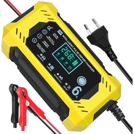 Chargeur de batterie intelligent 12V 6A – Écran LCD – Reconditionnement par impulsion – Protection contre surcharge et court-circuit (1/5)