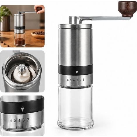 1 Pc Moulin a Cafe Manuel Ceramique et Inox 6 Niveaux Reservoir 18 g Couvercle Transparent Manche Aluminium 15 x 19 cm Voyage Camping (1/5)